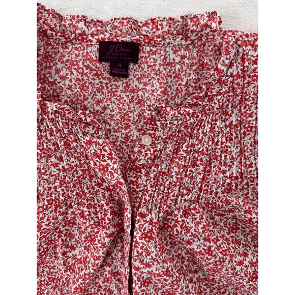 J Crew Liberty of London Red White Floral Top Popover Blouse Ruffle Shirt 4 S - Picture 5 of 8